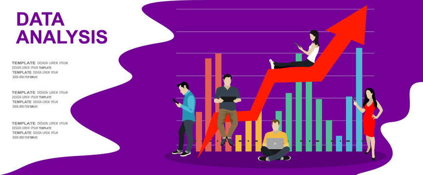 Flat vector landing page template of business statistics and analytics, audit report, company performance analysis. 