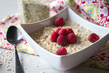 Oatmeal with raspberries on top 