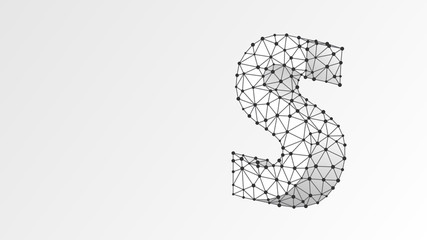 Alphabet letter S. Abstract digital wireframe, low poly mesh, vector white origami 3d illustration. Design of an Uppercase english letter. Banner, template or a pattern. Triangle, Line dot