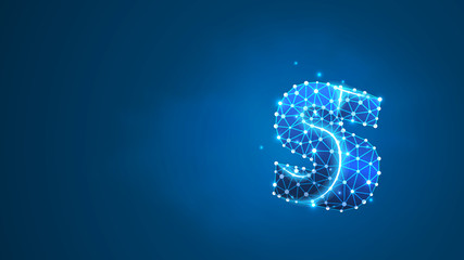 Alphabet letter S. Design of a lowercase english letter. Banner, template or a pattern. Abstract digital wireframe, low poly mesh, Raster blue neon 3d illustration. Triangle, line, dot
