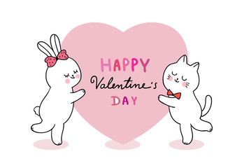 Cartoon cute Valentines day cat and rabbit and big heart vector.