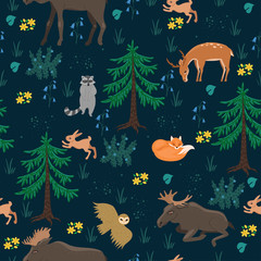 Seamless pattern with forest animals. Vector graphics.