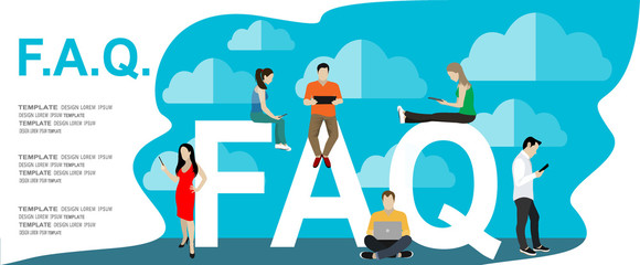 Frequently asked questions concept illustration of young people standing near letters and using smart phone, laptop and digital tablet. Flat women and men with letters symbols faq on blue background 