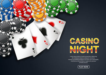 Casino Night. with chip poker and playing card on black background. Flyer, poster or banner design. Vector illustration