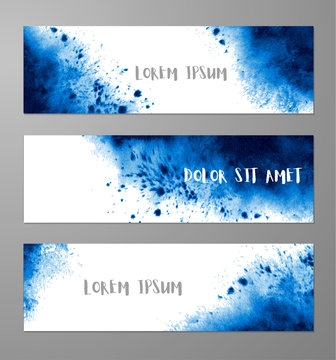 Three banners with abstract vibrant blue ink wash painting and place for your text. Vector grunge illustration.