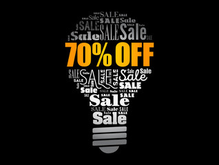 70 percent OFF Sale light bulb word cloud collage, business concept background