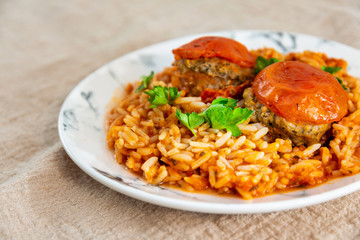 Stuffed tomatoes and rice with tomato