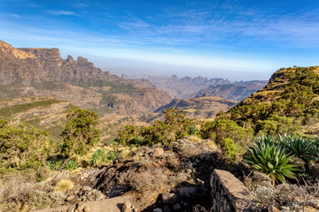 View of beautiful Semien or Simien Mountains National Park landscape in Northern Ethiopia. Africa wilderness, Sunny day and blue sky