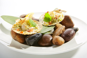 Baked Scallop in Scallops Shell with Spices Isolated