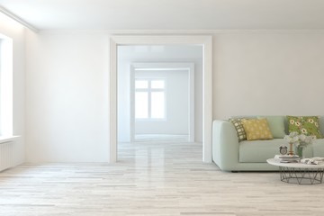 Stylish room in white color with sofa. Scandinavian interior design. 3D illustration