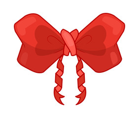 Decorative red bow with ribbon. Vector bow for page decor isolated. Girl bows on hair or gifts decorating. Isolated vector on white background