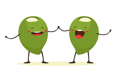 Funny cartoon olives stuffed with almonds. Vector isolate in cartoon flat style on a white background.