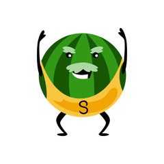 Sport strong watermelon character. Funny fruit food on sport exercises, fitness vitaminic human healthy nutrition vector illustration