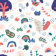 Nordic seamless pattern. Leaf, tree, rainbow, grass in childish hand drawn trendy style background. Pattern for package design, web, fabric, wrapping paper, gifts, greeting card