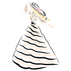 girl in a blouse, a long full skirt and a summer hat
