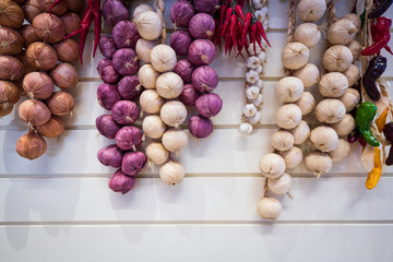 Various herbs and spices on wooden background
