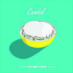 Cendol /ˈtʃɛndɒl/ is an iced sweet dessert that contains droplets of green rice flour jelly, coconut milk and palm sugar syrup. It is commonly found in Southeast Asia.