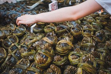Hairy crabs for sale on fish market, Hongkong -