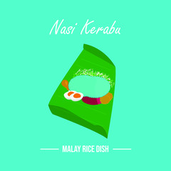 Nasi kerabu is a Malay rice dish, a type of nasi ulam, in which blue-coloured rice is eaten with dried fish or fried chicken, crackers, pickles and other salads.