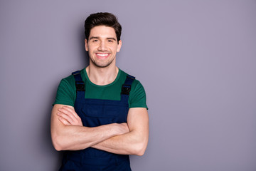Photo of handsome virile muscles guy hold arms crossed self-confident best manual worker skilled...