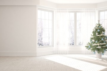 Obraz premium Empty christmas interior of living room. Scandinavian design. 3D illustration