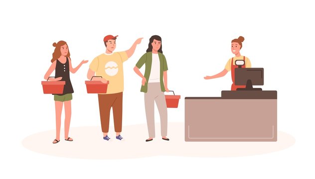 Angry People At Checkout Flat Vector Illustration. Indignant Customers Standing In Queue Cartoon Characters. Nervous Buyers With Shopping Baskets Shouting At Cashier. Irritated Shoppers Wait In Line.