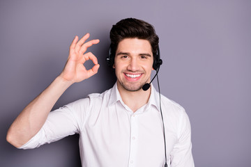 Portrait of cool confident customer support worker have help line with clients excellent feedback...
