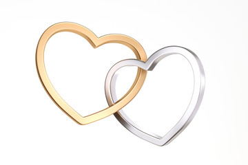 Golden and silver hearts connected together engagement linked rings on white background 3D Rendering. 3d illustration love forever and Valentines Day greeting card template minimal concept.