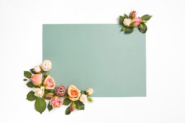 Corner greeting card with roses flowers and leaves.