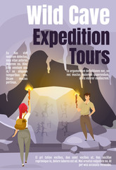 Wild cave expedition tours magazine cover template. Journal mockup design. Vector page layout with flat character. Cavern exploration advertising cartoon illustration with text space