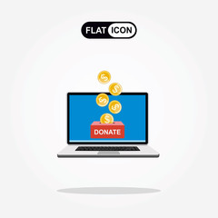 Donate online concept. Laptop with gold coins and donate box on screen. Flat vector illustration.