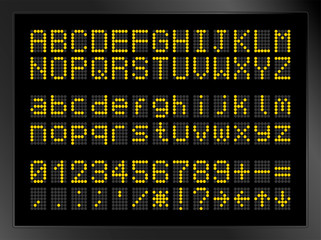 Realistic LED alphabet display. uppercase and lowercase letters and digits. Glowing departure board elements. Dotted time table or scoreboard. Airport or railway schedule. Vector illustration