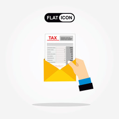 Hand hold an open envelope with tax form, Flat design.