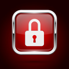Red lock button with chrome frame. Push 3d button