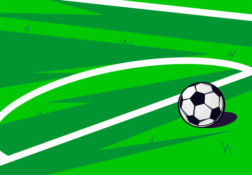 Vector illustration of a soccer ball lying on green grass, part of a soccer field, top view