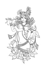 Young smiling Lord Krishna with a flute and a sacred cow surrounded by lotuses. Isolated outline illustration for adult coloring