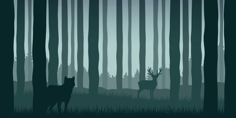 wolf is watching elk in green forest wildlife nature landscape vector illustration EPS10 © krissikunterbunt