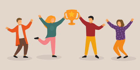 Group of young people with champion cup background. Happy positive men and women celebrating victory and rejoicing together. Successful teamwork.