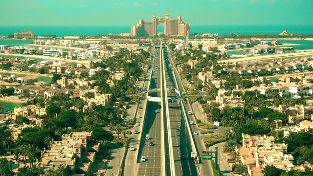 Aerial shot of the Palm Jumeirah island in Dubai, UAE