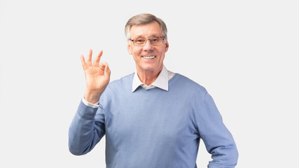 Happy Senior Gentleman Gesturing Okay Standing Over White Background, Panorama