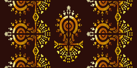 Nice native gold ornament pattern hand-drawn ikat geometric background - Ethnic folk pattern. Tribal embroidery background. Vector