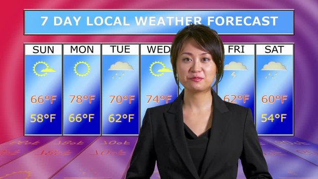 Asian American female weather reporter reporting from studio with background chart, original design elements