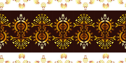 Nice native gold ornament pattern hand-drawn ikat geometric background - Ethnic folk pattern. Tribal embroidery background. Vector