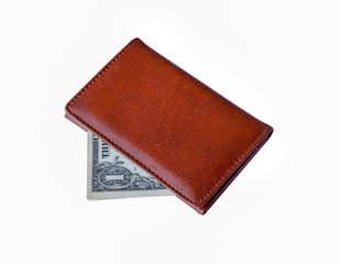 Brown square wallet with cash on white background.