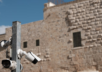 Wall of Jerusalem's Old City and security camera control - Israel.
