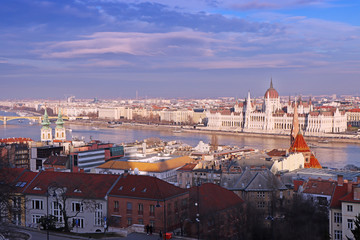 Fototapeta na wymiar Panorama with building of Hungarian parliament at Danube river in Budapest