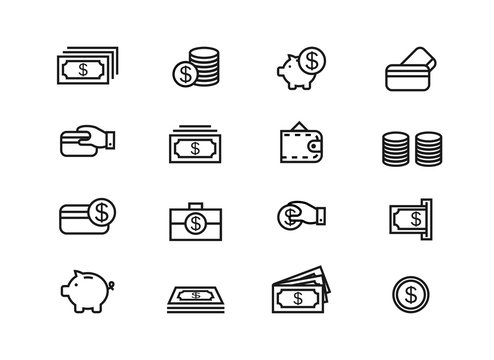 Set of money icons. Purse, visa, hand with coin, teddy bear of money, ATM, piggy piggy bank. Vector graphics on a white background in a flat style.