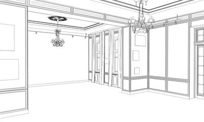 empty pavilion, contour visualization, 3D illustration, sketch, outline