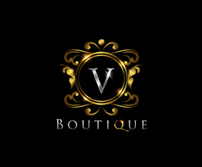 Fototapeta na wymiar Golden V Luxury Logo Icon, Classy V Badge Letter Logo Design.