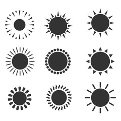 sun icons set. Flat shining symbols collection. Daylight logos